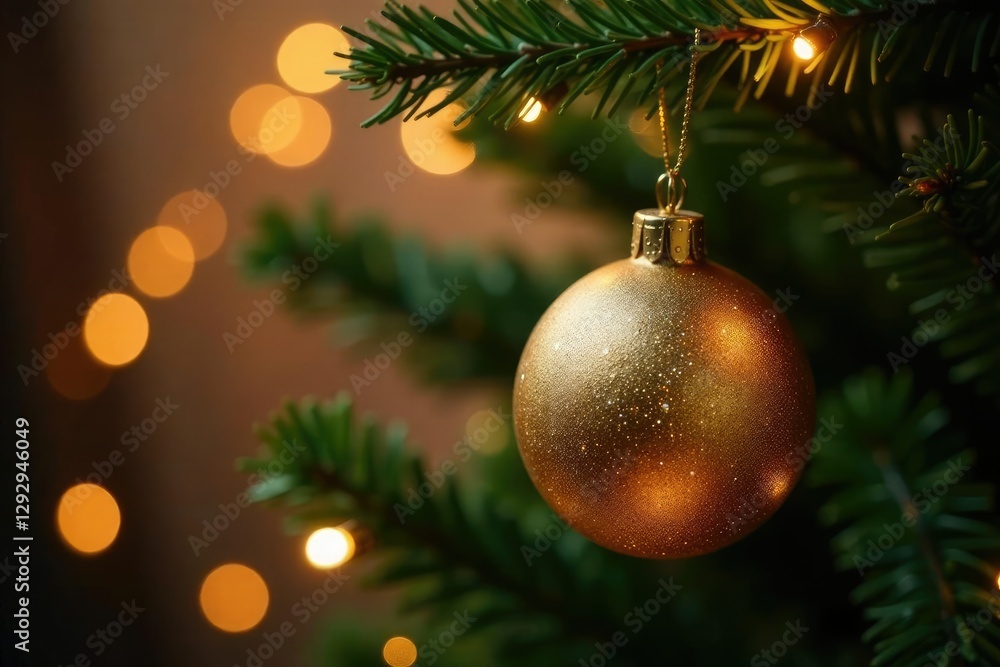 Fototapeta premium A delicate, sparkling golden Christmas ornament hanging from the branch of a towering Christmas tree with bright lights, lights, tree