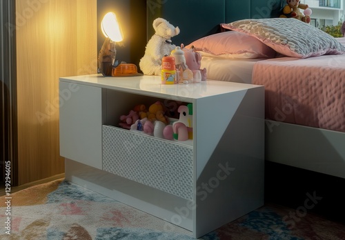 Close up view of a white geometric nightstand with a textured drawer, containing various children's toys. A soft pink bedspread and a warm toned lamp are visible in the background