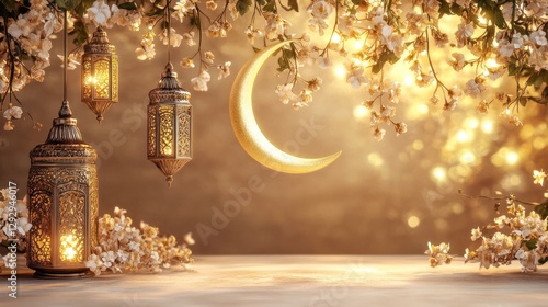 Ramadan lanterns, crescent moon, blossoms, bokeh background; festive greeting card photo