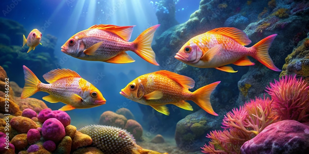 Fototapeta premium Vibrant Reef Scene Featuring Four Ornate Fish Swimming Amongst Colorful Coral and Rocks