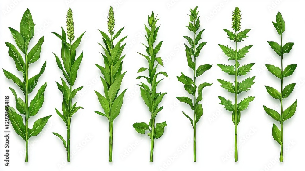Obraz premium Various green plants, isolated on a white background.