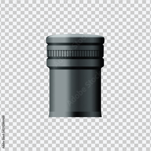 A realistic, 3D rendering of a gray metal bottle cap is depicted against a transparent, checkered background. The cap has a cylindrical shape with ribbed detailing around the neck and a flat top. 