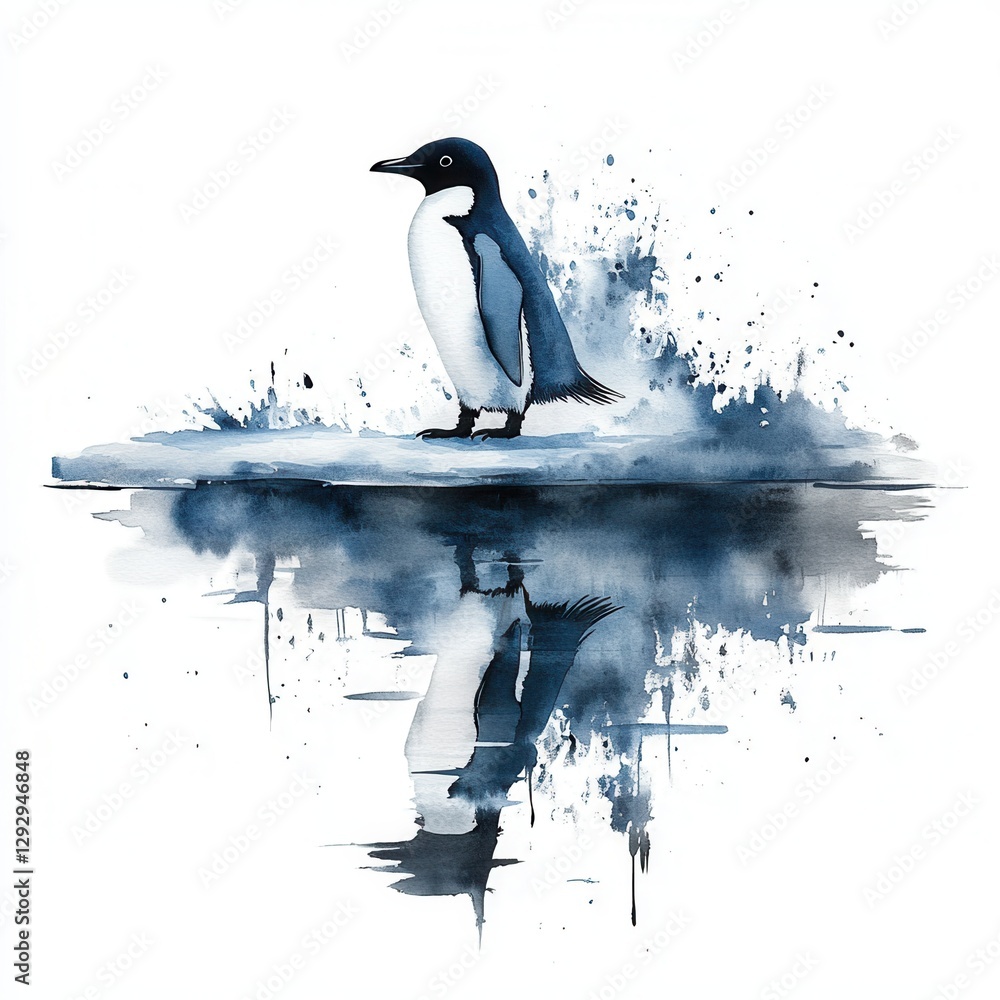 Obraz premium Watercolor Penguin Reflection Artistic Illustration