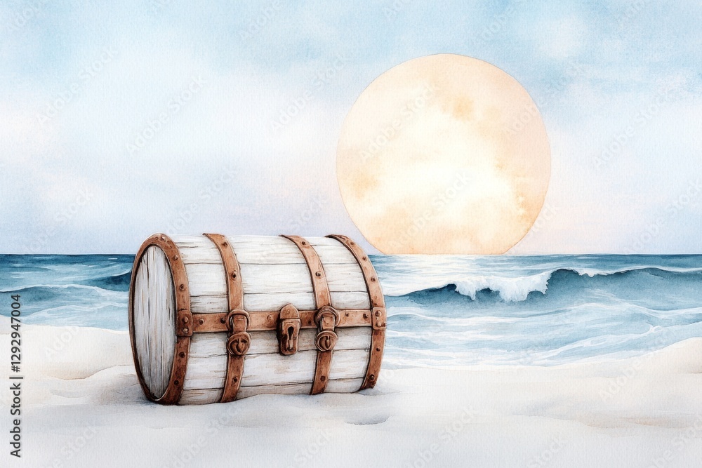 Fototapeta premium A soft watercolor painting of a treasure chest on a moonlit beach, with the ocean waves glowing softly and light spilling out of the chest