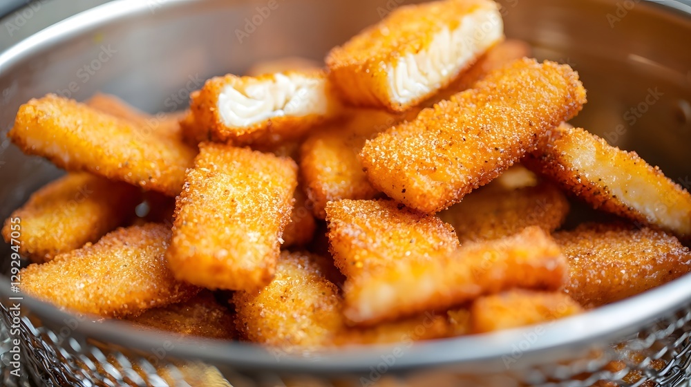 A macro shot of crispy golden brown fish fillets frying in a stainless steel pan showcasing the delectable surface texture and the shimmering oil A macro shot of crispy golden brown fish fillets frying in a stainless steel pan showcasing the delectable surface texture and the shimmering oil