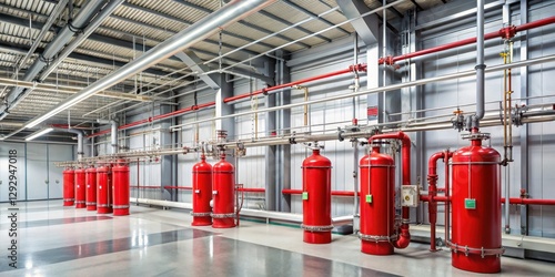Wallpaper Mural Fire suppression system installed on clean industrial walls and ceiling, with stainless steel components and sleek piping , modern architecture , industrial firefighting equipment Torontodigital.ca