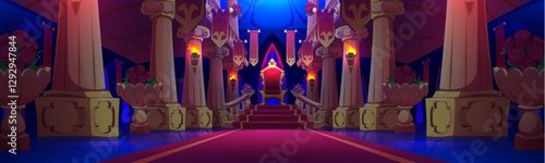 King throne in night royal palace. Vector cartoon illustration of dark medieval ballroom, luxury armchair in hall with red carpet, torch fire on marble pillars, vases with flowers, castle interior