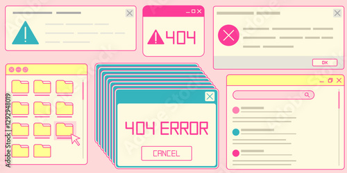 Retro software windows set isolated on background. Vector realistic illustration of old computer program borders, 404 error warning message, folder icons, blank messenger chat, 90s app design elements