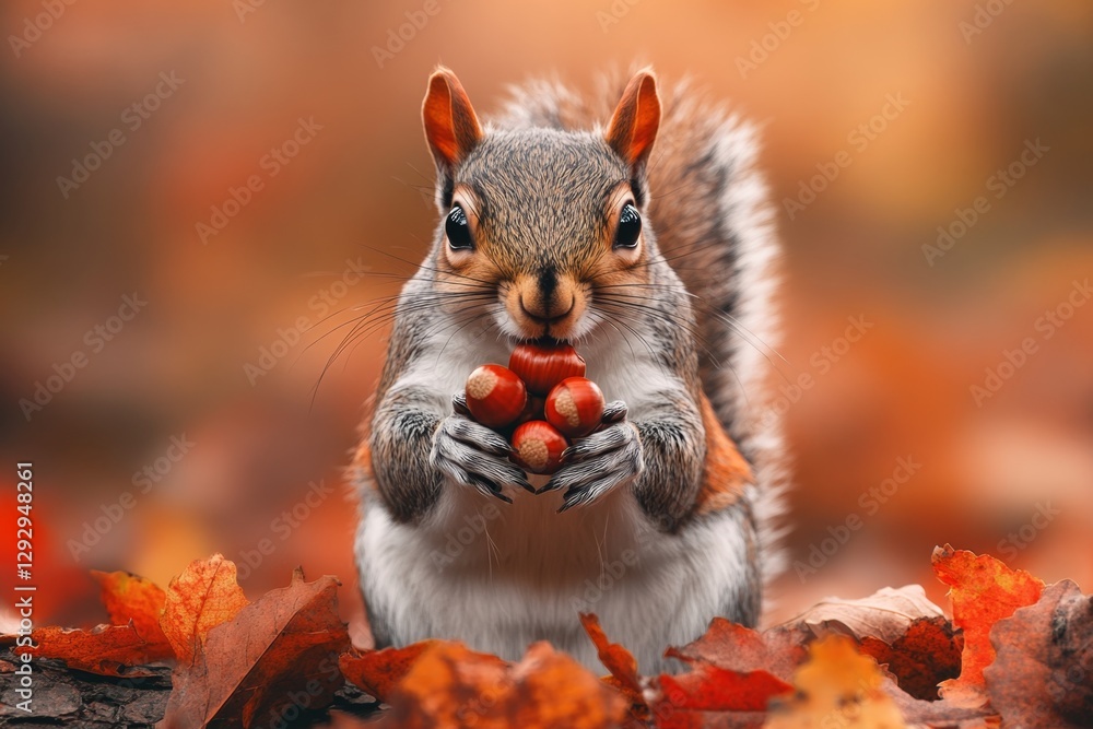 A squirrel perched on a log in an autumn forest, holding an acorn amidst a scattering of colorful leaves A squirrel perched on a log in an autumn forest, holding an acorn amidst a scattering of colorful leaves