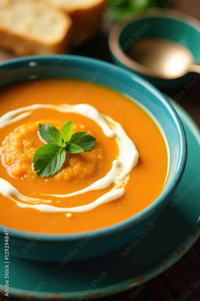 Carrot soup puree with sauce in blue bowl on green placemat, carrotpuree, sauce Carrot soup puree with sauce in blue bowl on green placemat, carrotpuree, sauce