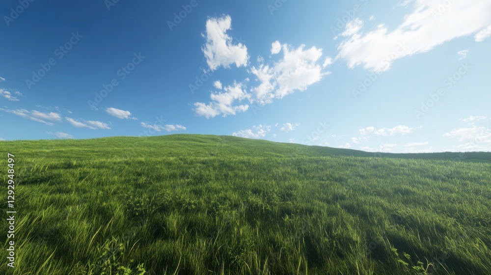 Obraz premium Sunny day, green hill, meadow, blue sky, clouds, landscape, nature, idyllic, pastoral, background
