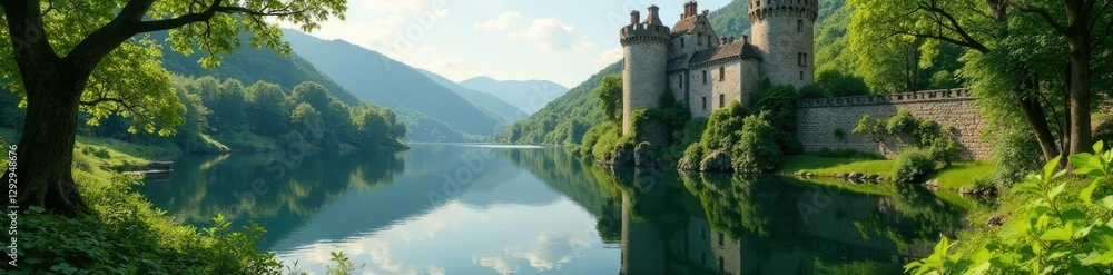 Castle walls covered in ivy and moss with a serene lake in the background, tranquility, scenery