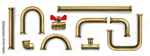 Plumbing pipes set isolated on white background. Vector realistic illustration of stainless steel tube sections, tee, valve and faucet, oil, gas, water supply, drainage and sewage system elements