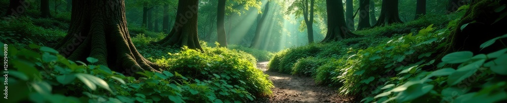 Fototapeta premium dense forest foliage surrounding a winding rope trail, wilderness, overgrown