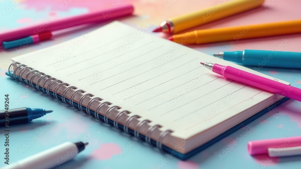 A Blank Spiral Notebook Surrounded by Colorful Writing Instruments Ready for Creative Expression and Note Taking A Blank Spiral Notebook Surrounded by Colorful Writing Instruments Ready for Creative Expression and Note Taking