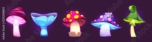 Glowing fantasy mushroom collection with pink cap, blue chalice shape, magenta with yellow spots, purple with pink bubbles and green pointy hood. Bright neon magic forest elements for game assets.