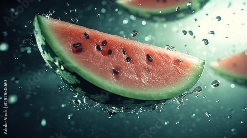 Juicy watermelon slice splashing, dark background, summer refreshment
