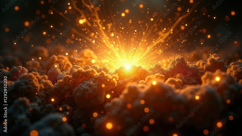 Fototapeta premium A silent explosion of golden particles frozen in space, each tiny fragment glowing with the energy of a dying star, weightless and infinite.