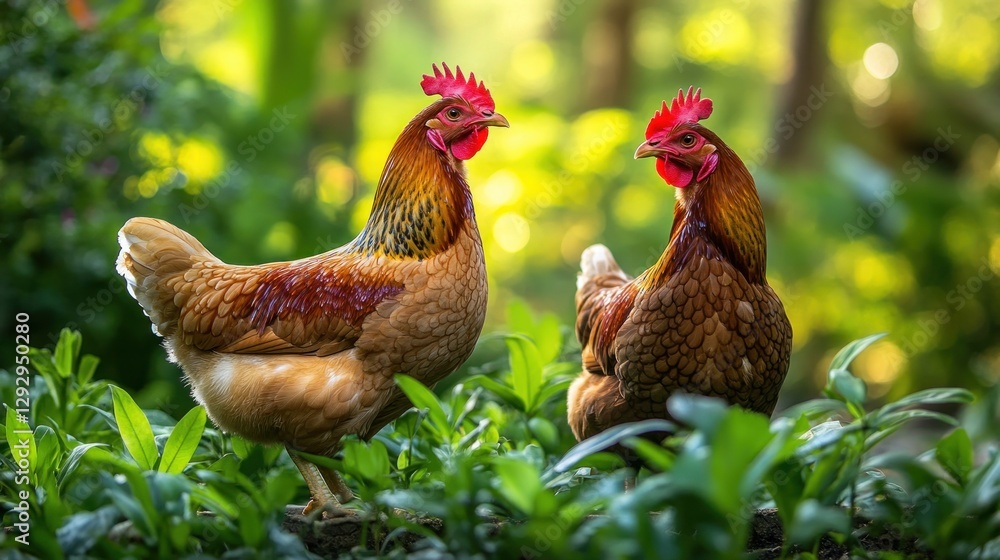 Fototapeta premium Two hens facing, lush garden, sunlight, farm animals, nature