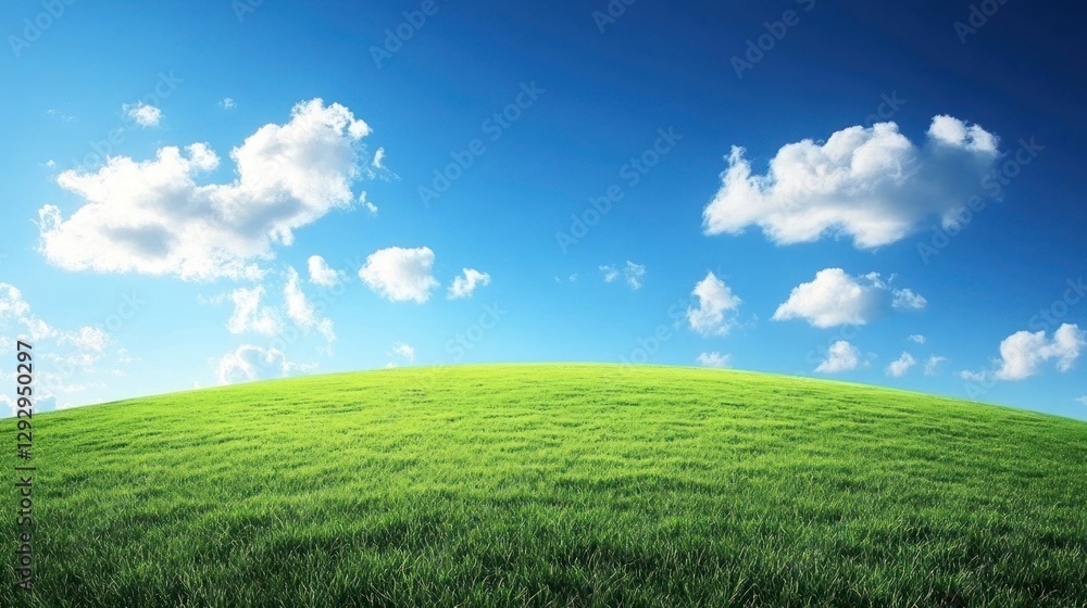 Sunny day, green hill landscape, fluffy clouds, idyllic scene, nature background Sunny day, green hill landscape, fluffy clouds, idyllic scene, nature background