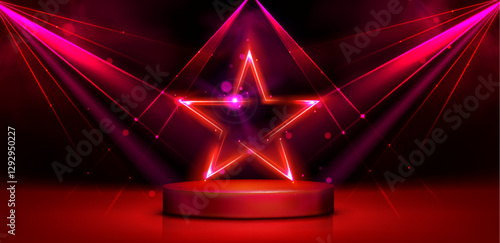 Neon red glowing star shape on dark background with spotlights. Empty stage illuminated by vivid crimson lights. Dramatic night club or music festival scene with luminous geometric silhouette.