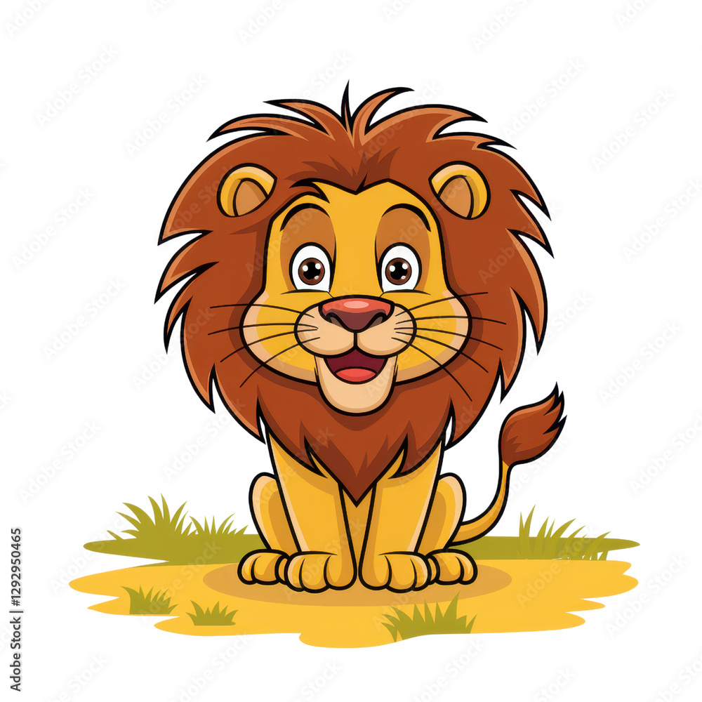 Obraz premium Cute Cartoon Lion Sitting on Grass isolated on transparent background