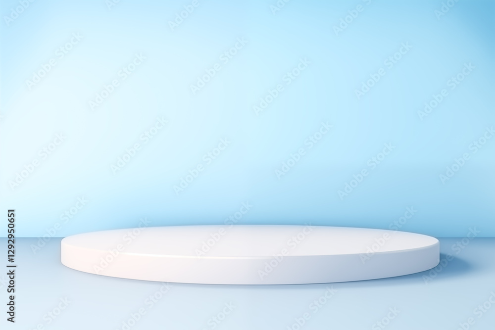 Minimalistic white display platform on a blue background for showcasing products. Minimalistic white display platform on a blue background for showcasing products.