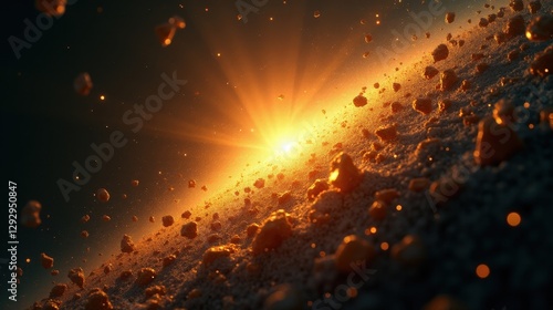 A silent explosion of golden particles frozen in space, each tiny fragment glowing with the energy of a dying star, weightless and infinite.