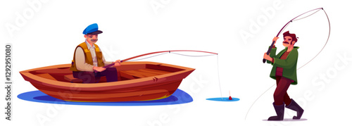 Fisherman set - cartoon male characters with fishing gear. Elderly angler sitting in wooden boat and holding pole with floater in water, mustached sportsman throwing spinning. Outdoor vacation design.