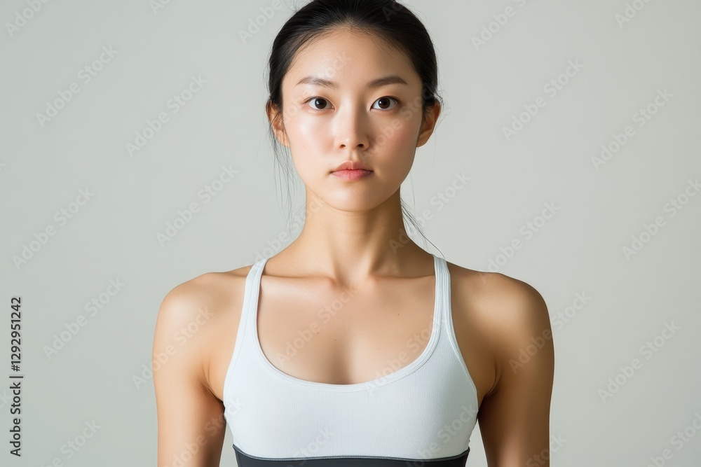 Focused young woman standing confidently in fitness attire against a neutral background indoors Focused young woman standing confidently in fitness attire against a neutral background indoors