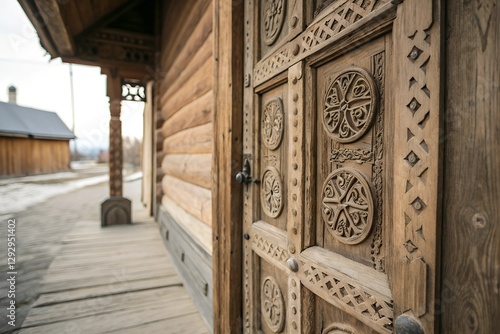 Minimalistic photo of a traditional Russian izba wooden door, extreme close-up focusing on hand-carved folk motifs and aged wood texture, softly blurred background.