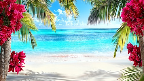 Vibrant Tropical Beach Scene with Turquoise Water and Pink Flowers