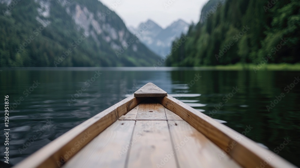 Obraz premium Wooden boat on a lake, mountain background, serene view