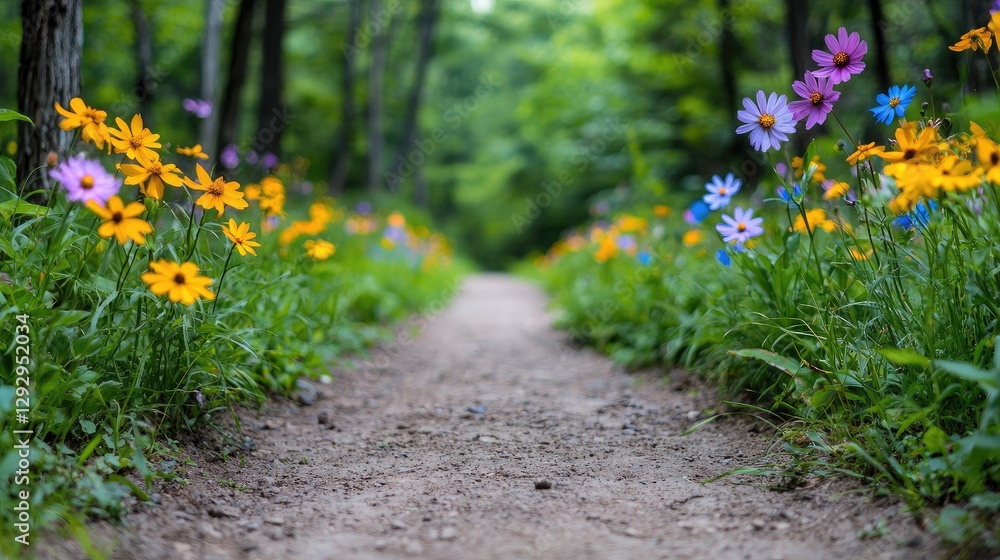 Obraz premium Colorful Wildflowers Line a Forest Path. Possible use Nature Background