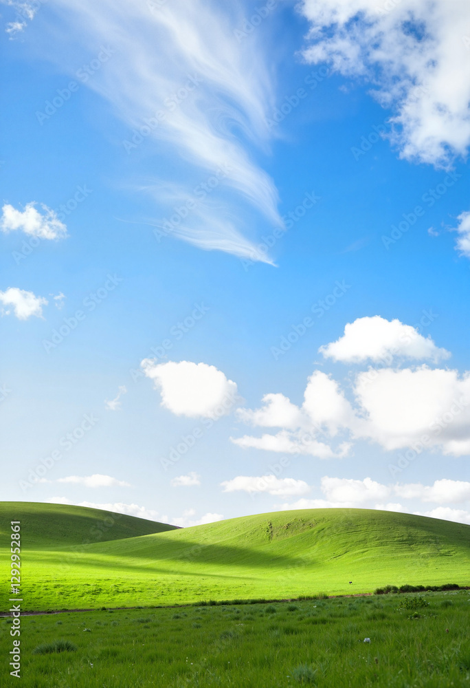 Dynamic clouds drifting over rolling green hills, serene landscape Dynamic clouds drifting over rolling green hills, serene landscape