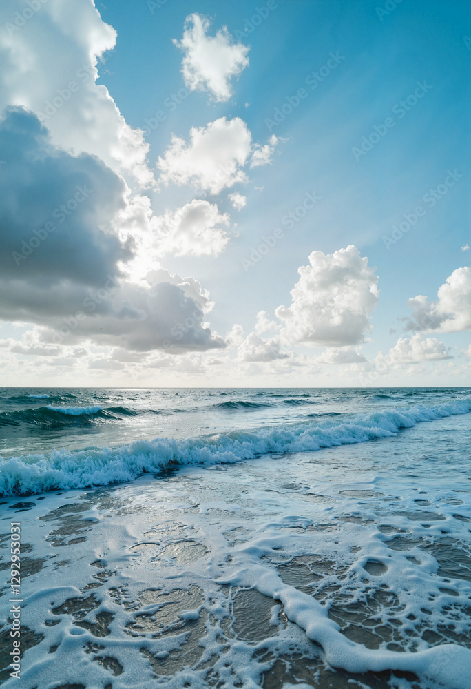 Obraz premium Tranquil ocean waves caressing the shoreline under a cloudy sky, peace