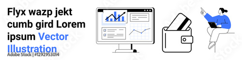 Data analytics on desktop screen, credit cards in wallet, and individual working on a laptop. Ideal for business strategy, digital payments, data analysis, remote work, financial technology, virtual