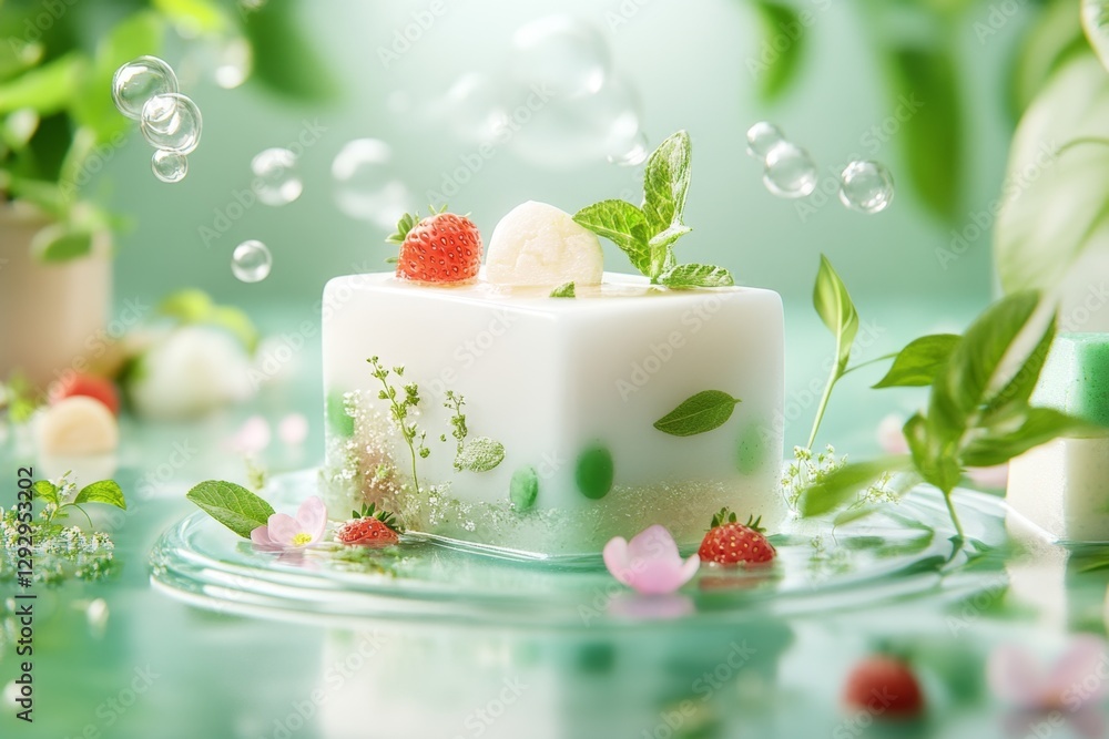 A whimsical 3D illustration of floating soap bars surrounded by animated herbs, petals, and bubbles in a spa-like setting A whimsical 3D illustration of floating soap bars surrounded by animated herbs, petals, and bubbles in a spa-like setting