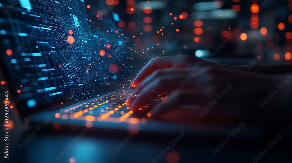 Hands Typing on Laptop with Digital Data Flow, Hands typing on a laptop keyboard with digital data and glowing particles emanating from the screen Hands Typing on Laptop with Digital Data Flow, Hands typing on a laptop keyboard with digital data and glowing particles emanating from the screen