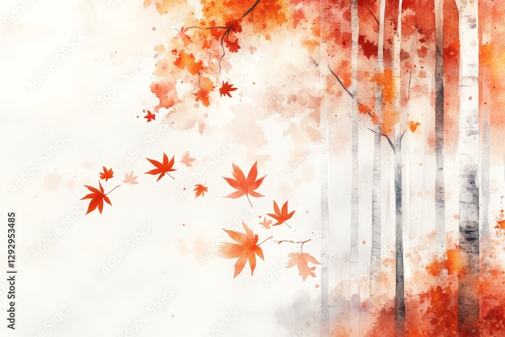 Fototapeta premium A whimsical watercolor depiction of an enchanted autumn forest, with floating leaves and glowing elements painted in soft, warm tones