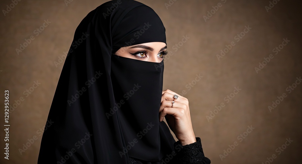 Elegant Woman in Niqab Looking Sideways with Delicate Jewelry Elegant Woman in Niqab Looking Sideways with Delicate Jewelry
