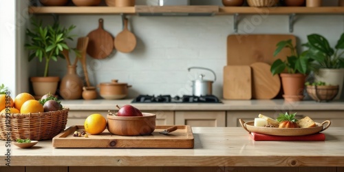 Wallpaper Mural A kitchen counter displays a wooden bowl of fruit, a basket of citrus fruit, and a wooden tray with cheese and bread, all set against a backdrop of a rustic kitchen with wooden shelving and utensils. Torontodigital.ca