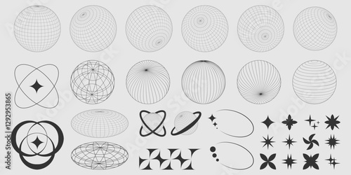 Collection of vector globe shapes and 90s style retro graphic elements - stars and circles, planets and spheres. Assets for futuristic y2k designs or abstract geometric backgrounds and patterns.