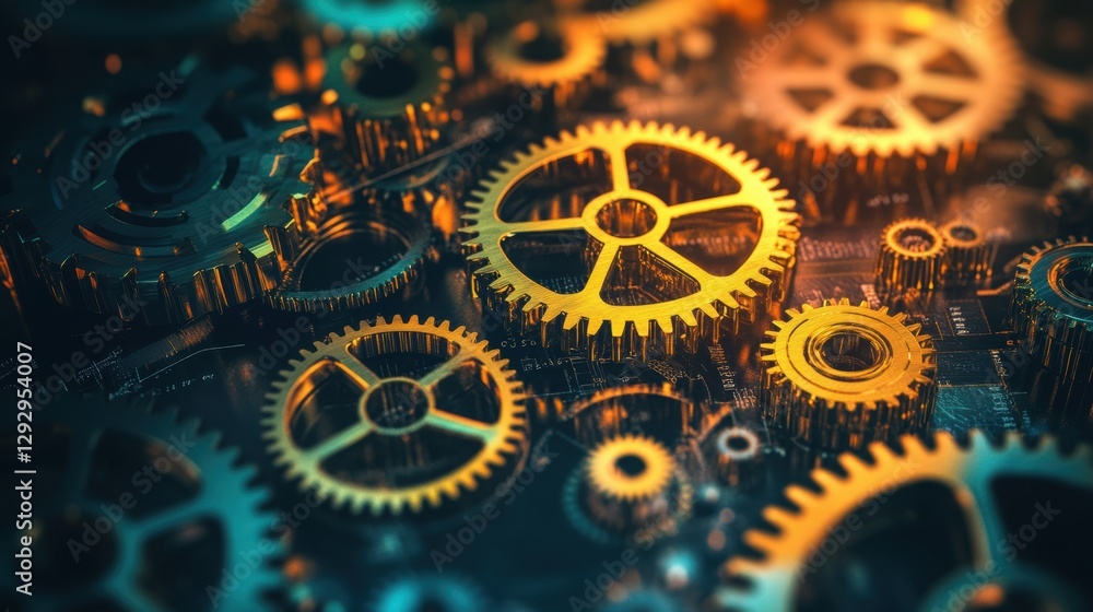 Intricate Gears: A detailed close-up view of an intricate arrangement of interlocking gears, showcasing mechanical precision and the complex interplay of industrial components Intricate Gears: A detailed close-up view of an intricate arrangement of interlocking gears, showcasing mechanical precision and the complex interplay of industrial components