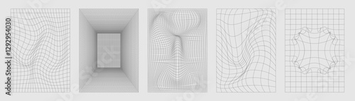 Y2k distorted grid backgrounds with wave, tunnel and abstract pattern effects. Minimalist line compositions. Retro wireframe textures for digital art or tech design. Surreal wavy and perspective bg.