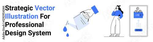 Hand dropping paper with water drops, person thinking, mobile interface with send button. Ideal for design systems, creativity, mobile apps, user interfaces, marketing ideas, teamwork flat landing