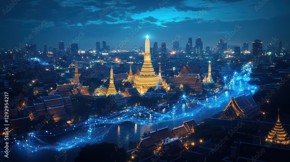 Fototapeta premium Aerial view of Bangkok at night, temples and city skyline with glowing lines.