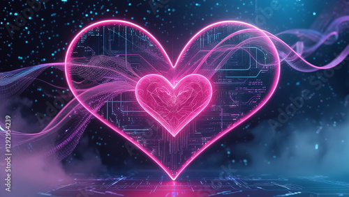 A futuristic network forming a radiant neon heart