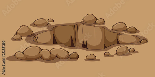 A cartoon-style illustration of a hole in a tan ground surface. The hole is a darker brown with uneven edges, and various rounded rocks are scattered around its perimeter. The style is simple 