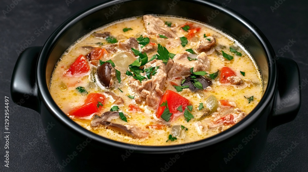 hearty chicken soup in a black bowl with fresh vegetables hearty chicken soup in a black bowl with fresh vegetables